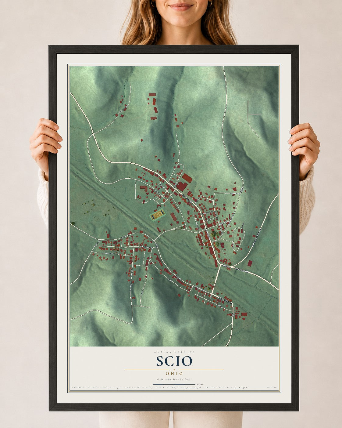 Map of Scio, Ohio, 24 x 36 inch print in a black wood frame