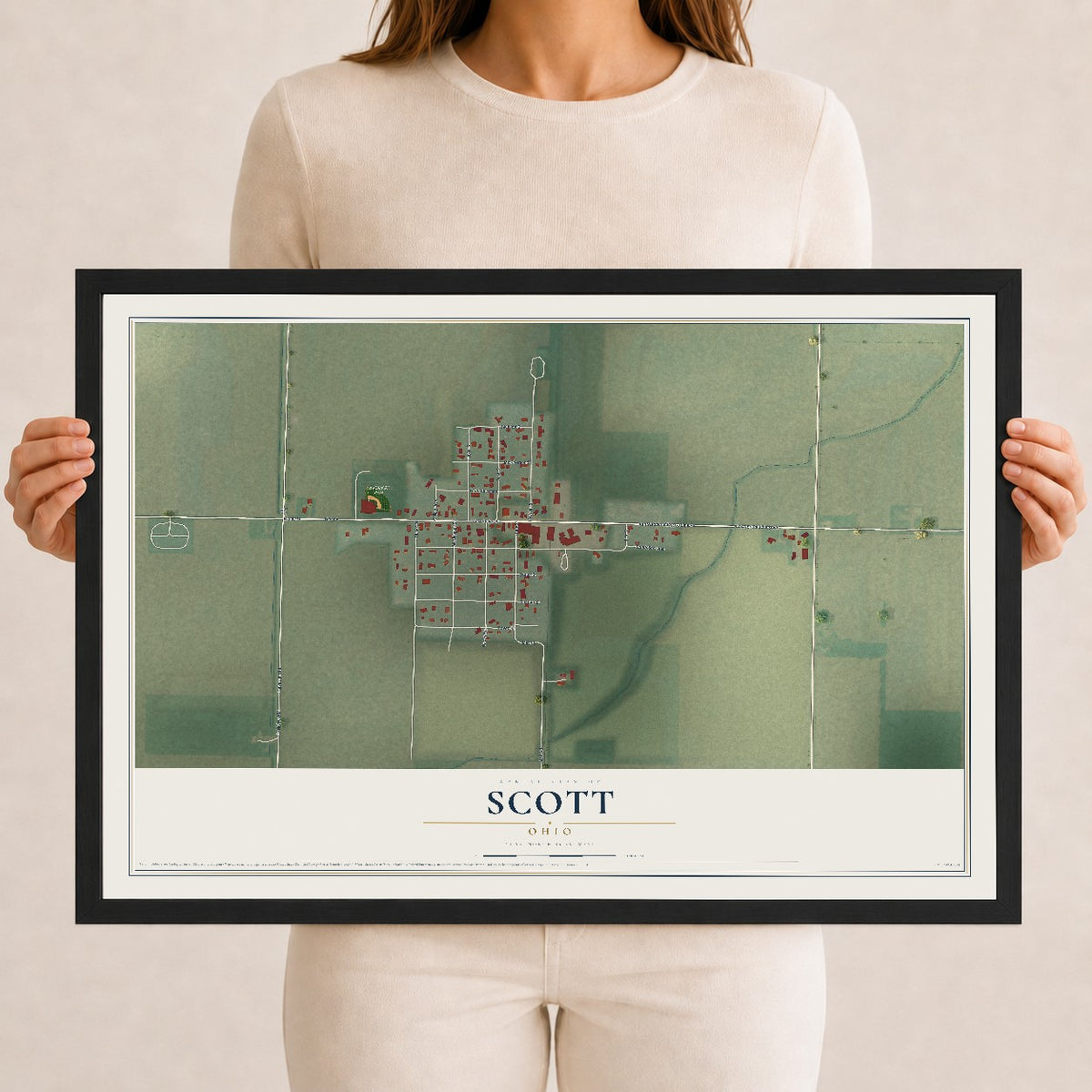 Map of Scott, Ohio, 12 x 18 inch print in a black wood frame