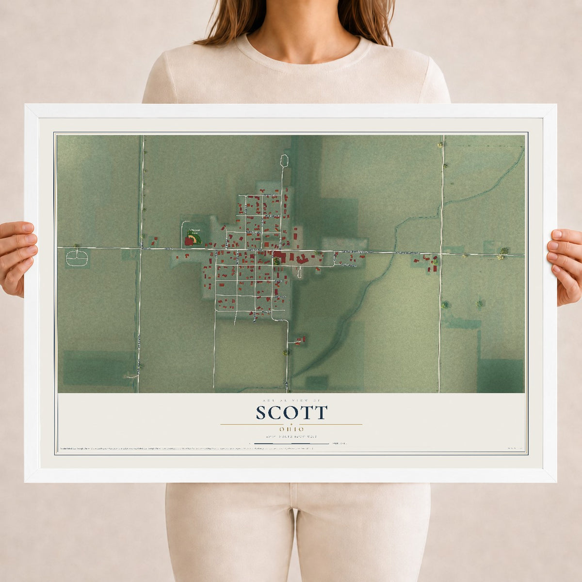 Map of Scott, Ohio, 18 x 24 inch print in a white wood frame