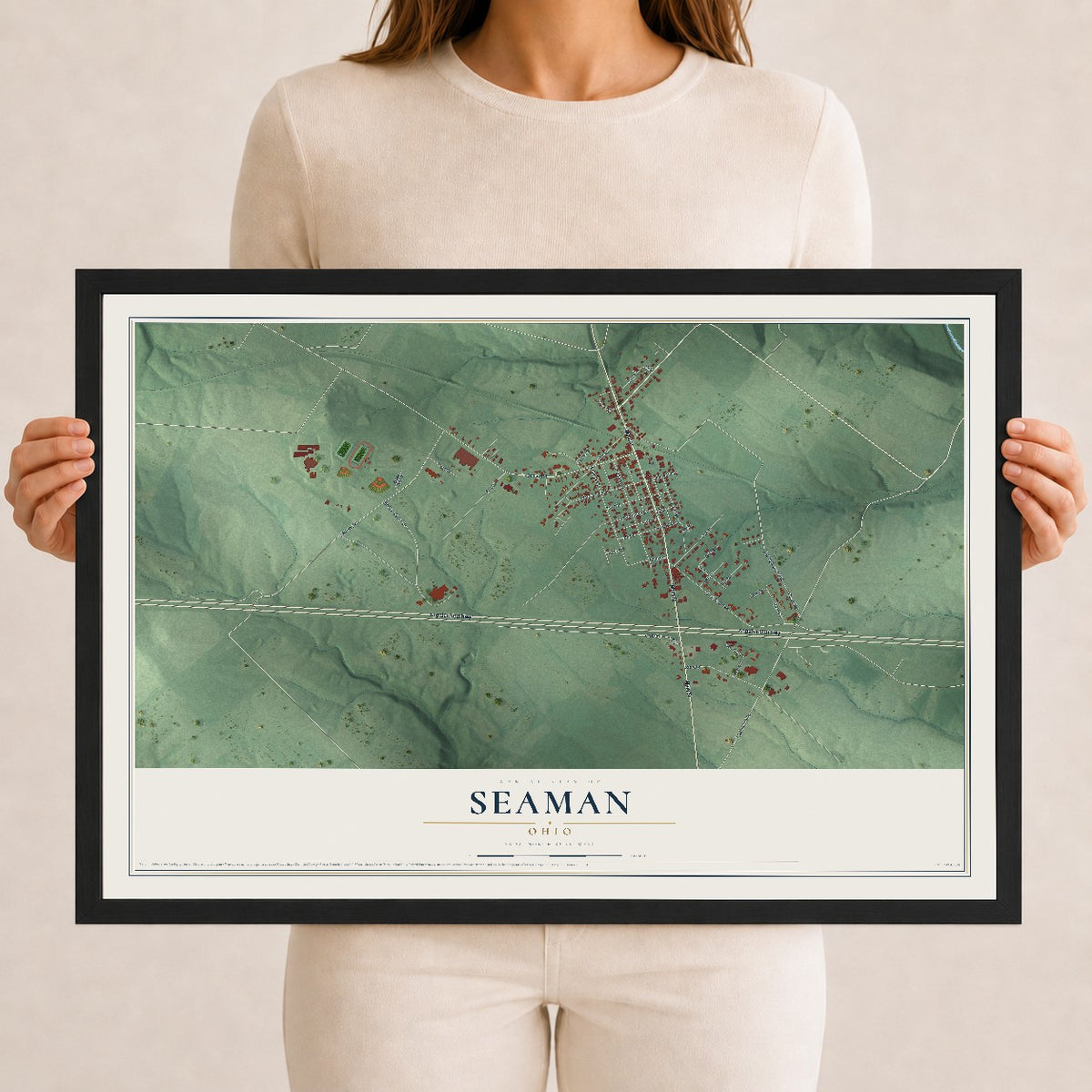 Map of Seaman, Ohio, 12 x 18 inch print in a black wood frame