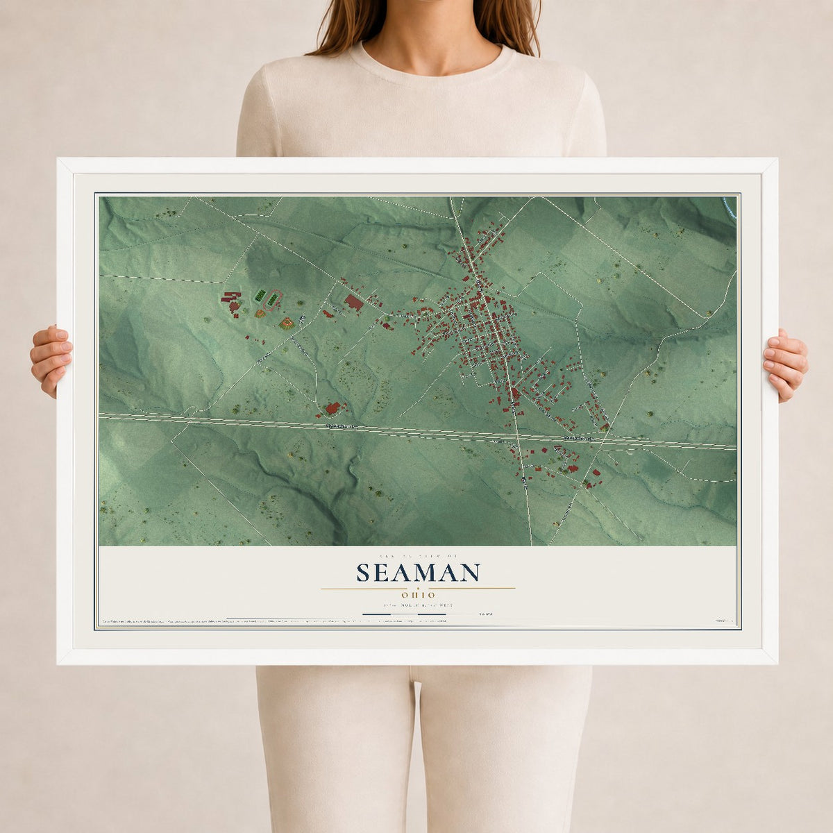 Map of Seaman, Ohio, 24 x 36 inch print in a white wood frame