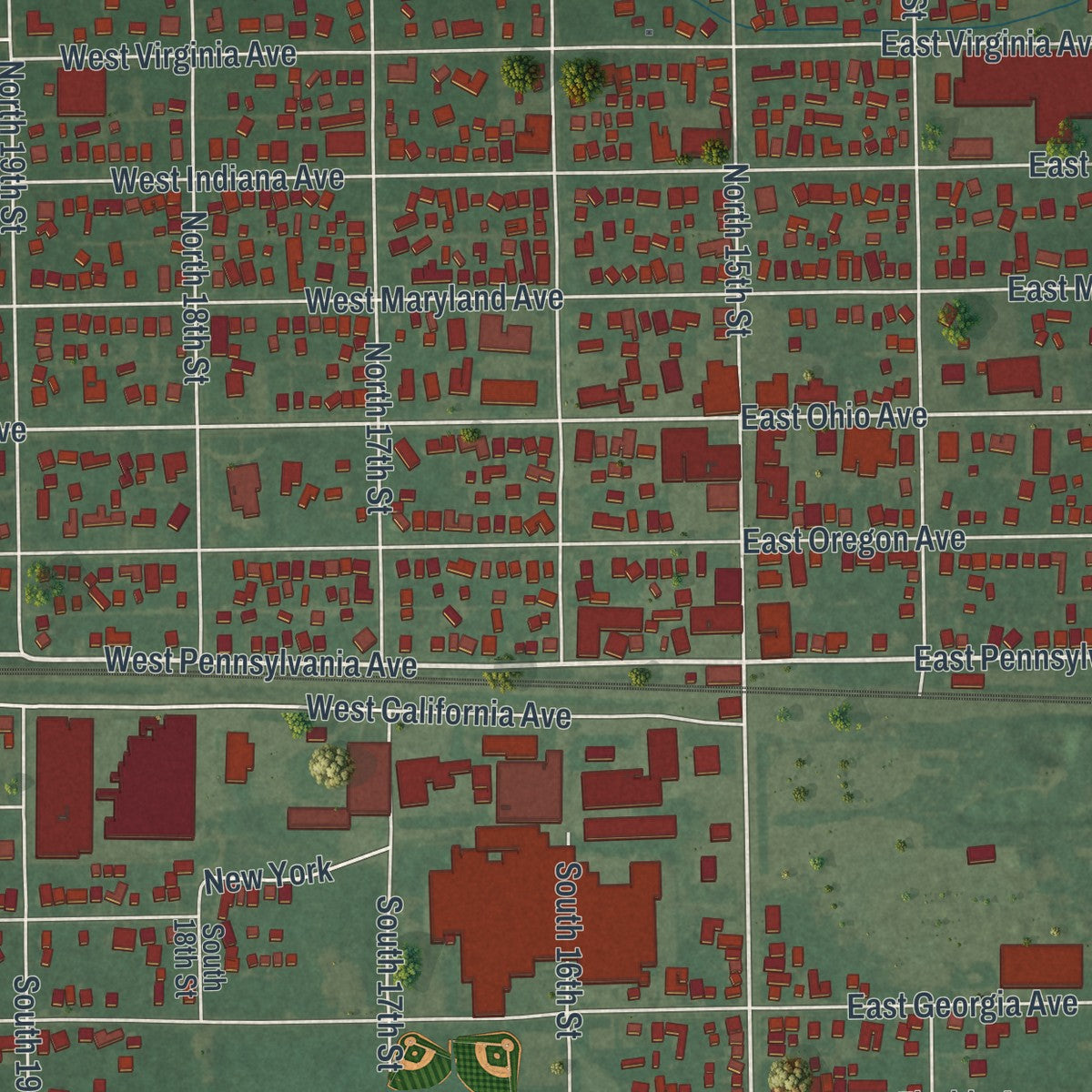 Close-up of the map of Sebring, Ohio print showing street and building detail