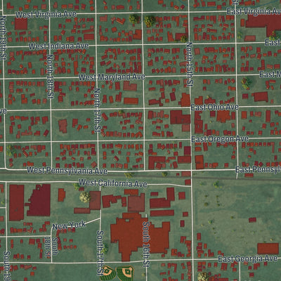 Close-up of the map of Sebring, Ohio print showing street and building detail