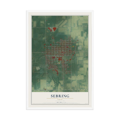 Map of Sebring, Ohio, 12 x 18 inch print in a white wood frame