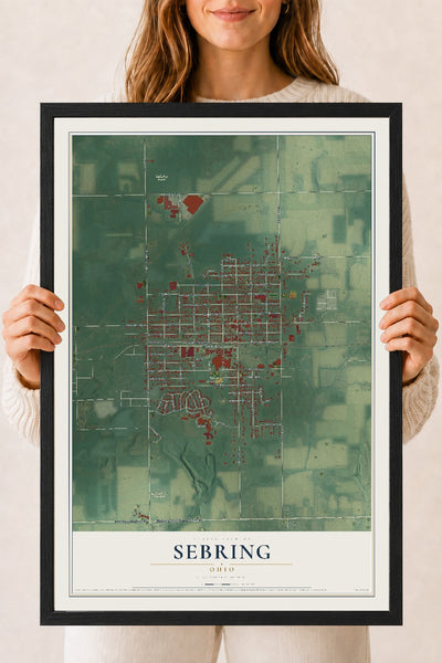 Map of Sebring, Ohio, 18 x 24 inch print in a black wood frame