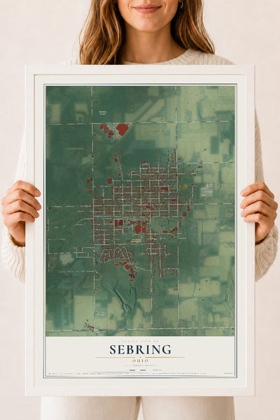 Map of Sebring, Ohio, 18 x 24 inch print in a white wood frame