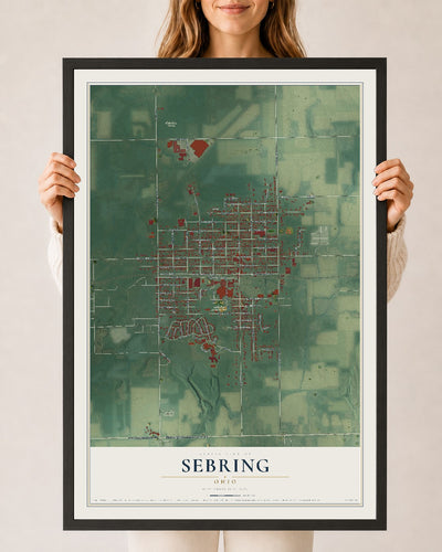 Map of Sebring, Ohio, 24 x 36 inch print in a black wood frame