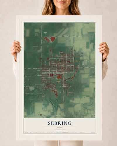 Map of Sebring, Ohio, 24 x 36 inch print in a white wood frame