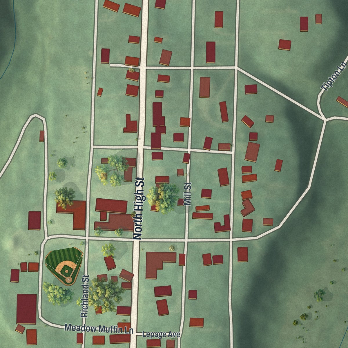 Close-up of the map of Senecaville, Ohio print showing street and building detail