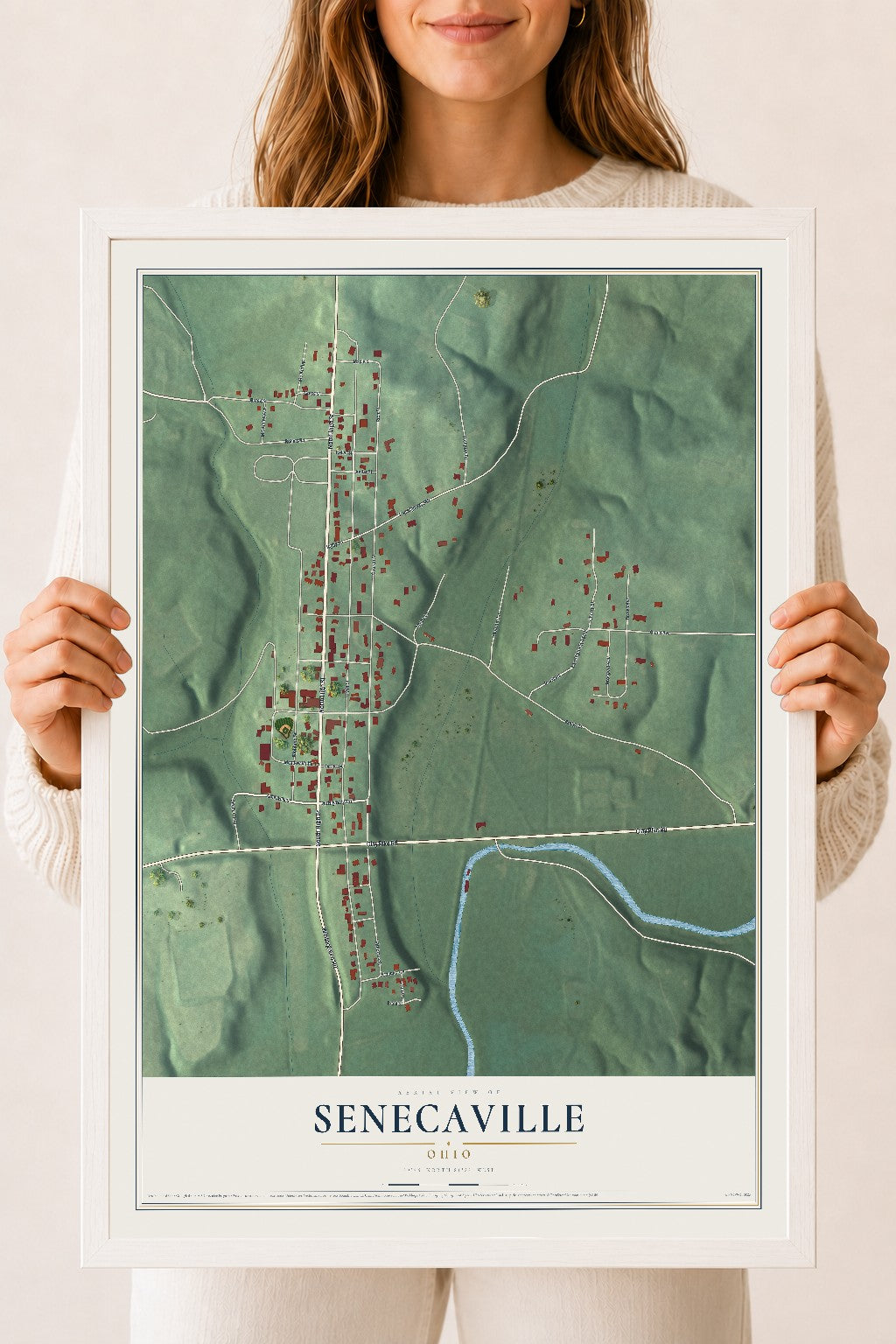 Map of Senecaville, Ohio, 18 x 24 inch print in a white wood frame