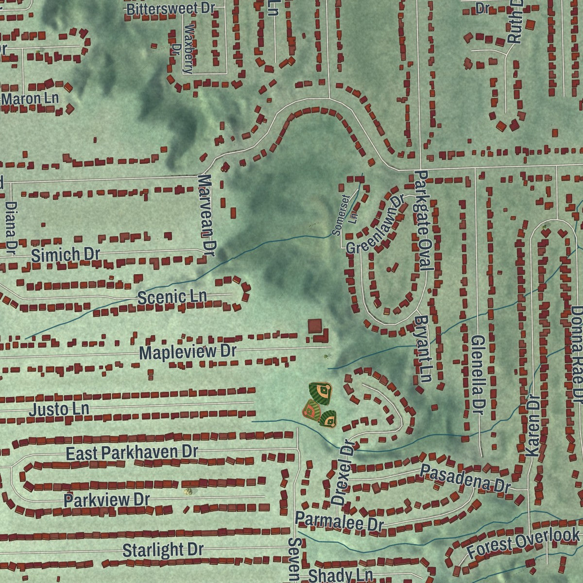 Close-up of the map of Seven Hills, Ohio print showing street and building detail