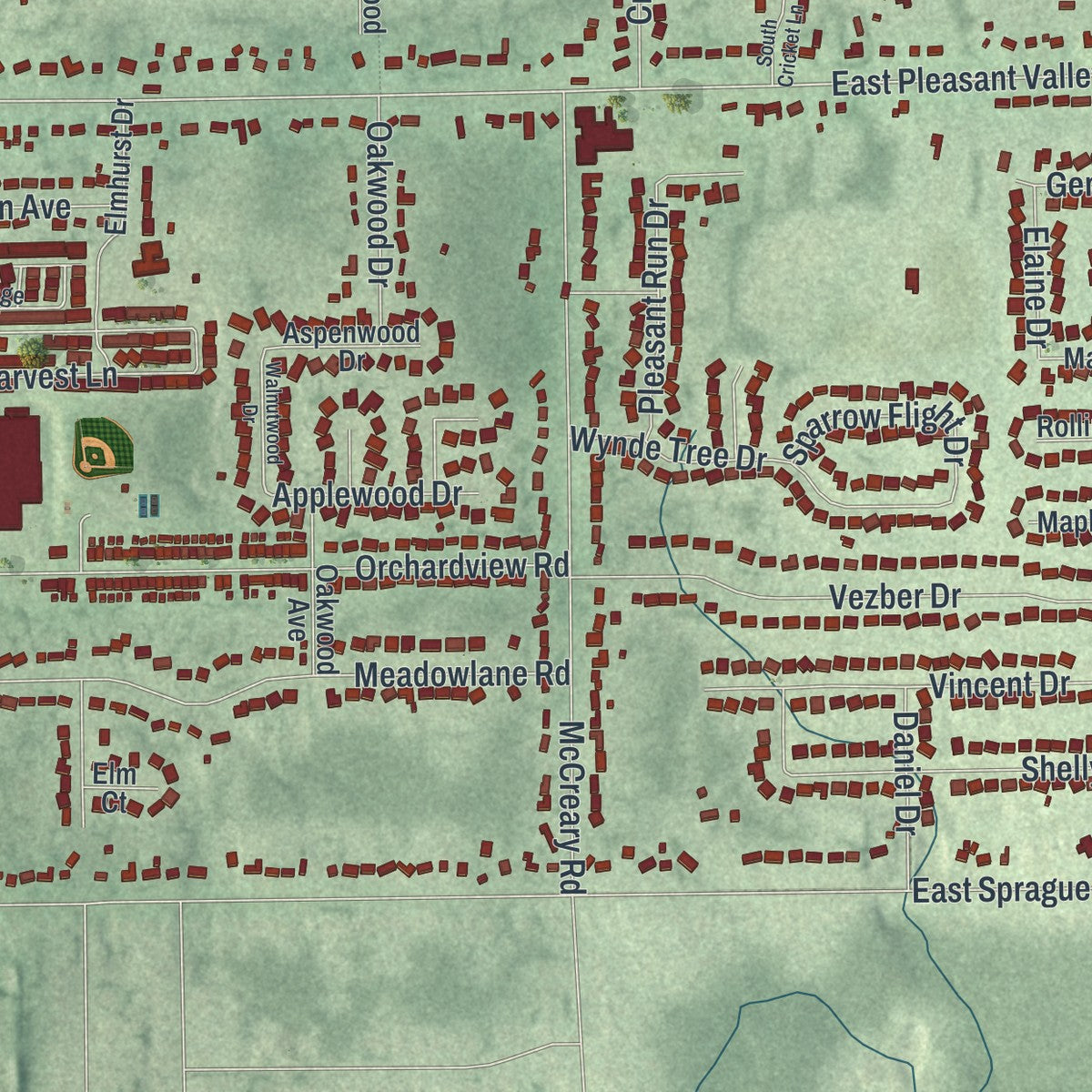 Second close-up of the map of Seven Hills, Ohio print showing more streets and buildings