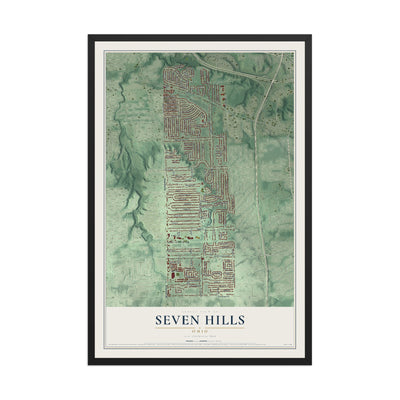 Map of Seven Hills, Ohio, 12 x 18 inch print in a black wood frame