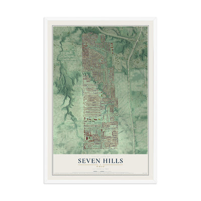 Map of Seven Hills, Ohio, 12 x 18 inch print in a white wood frame