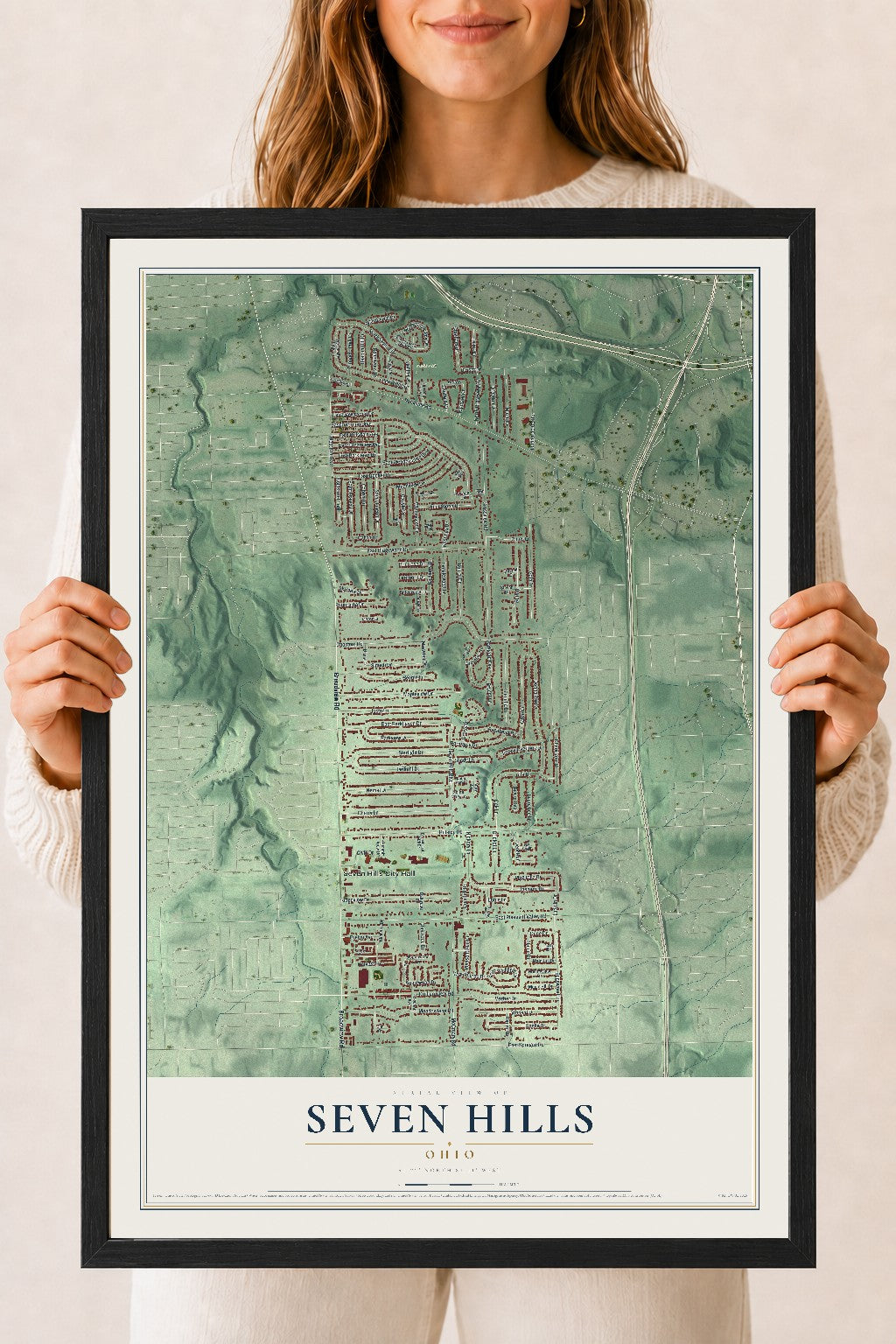 Map of Seven Hills, Ohio, 18 x 24 inch print in a black wood frame