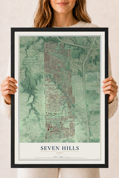 Map of Seven Hills, Ohio, 18 x 24 inch print in a black wood frame
