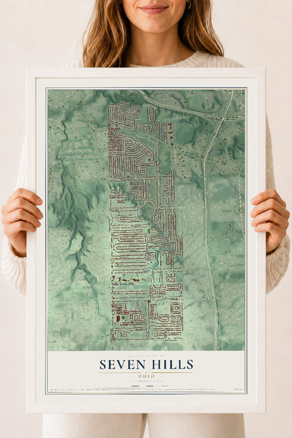 Map of Seven Hills, Ohio, 18 x 24 inch print in a white wood frame