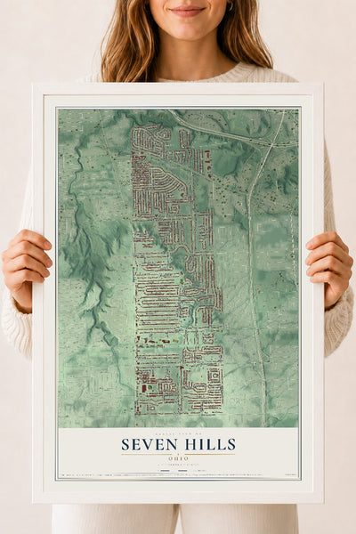 Map of Seven Hills, Ohio, 18 x 24 inch print in a white wood frame