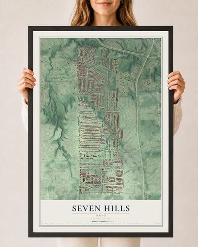 Map of Seven Hills, Ohio, 24 x 36 inch print in a black wood frame