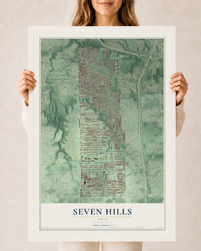 Map of Seven Hills, Ohio, 24 x 36 inch print in a white wood frame