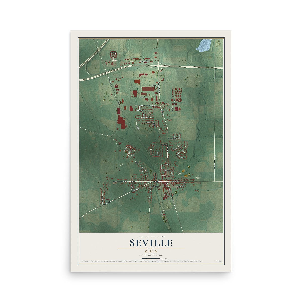 Map of Seville, Ohio, 12 x 18 inch unframed archival matte print