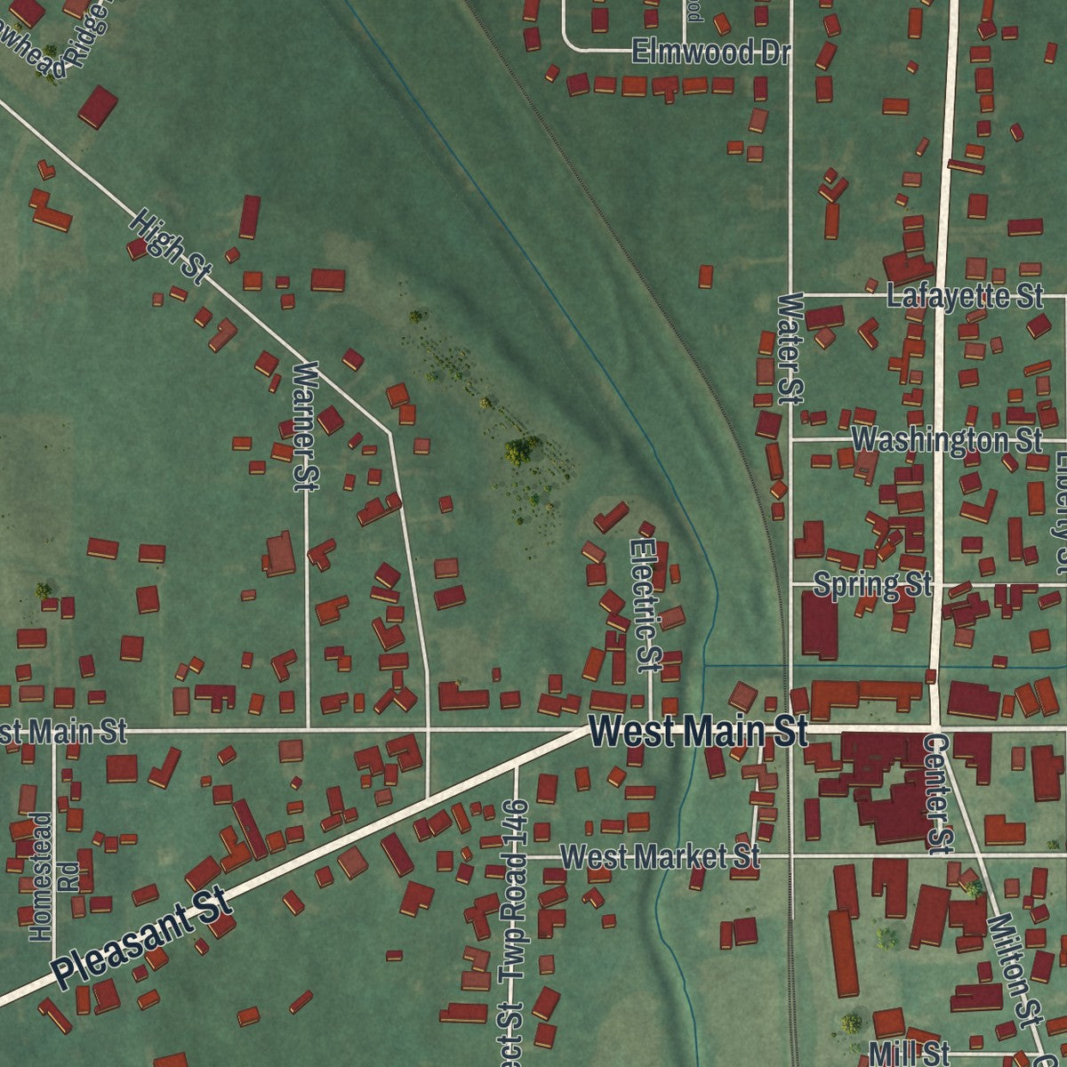 Close-up of the map of Seville, Ohio print showing street and building detail
