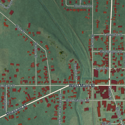 Close-up of the map of Seville, Ohio print showing street and building detail