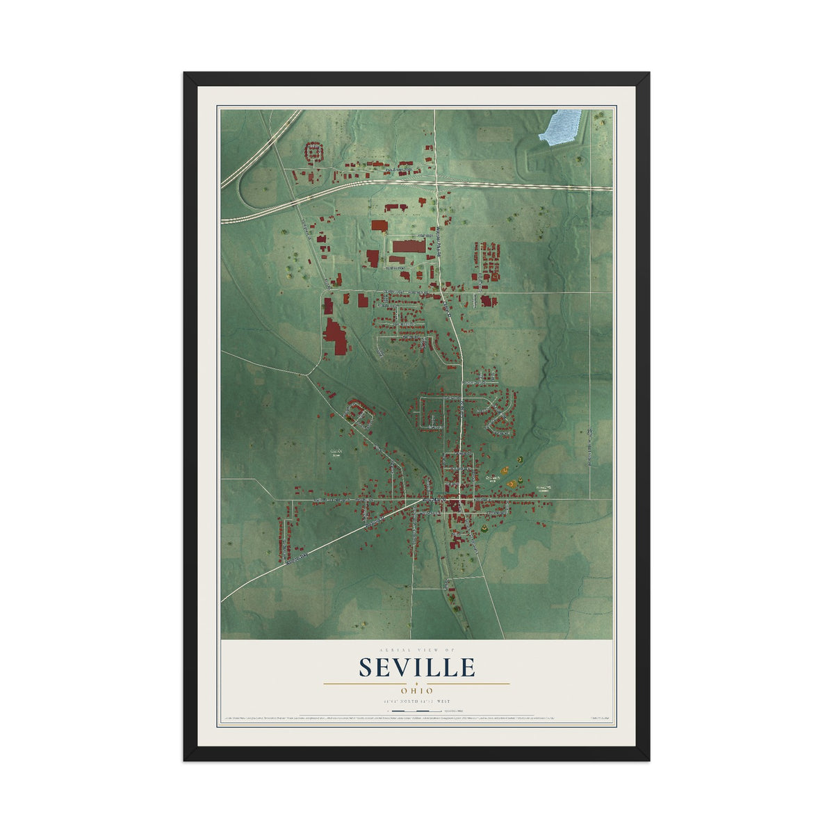 Map of Seville, Ohio, 12 x 18 inch print in a black wood frame