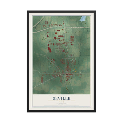 Map of Seville, Ohio, 12 x 18 inch print in a black wood frame
