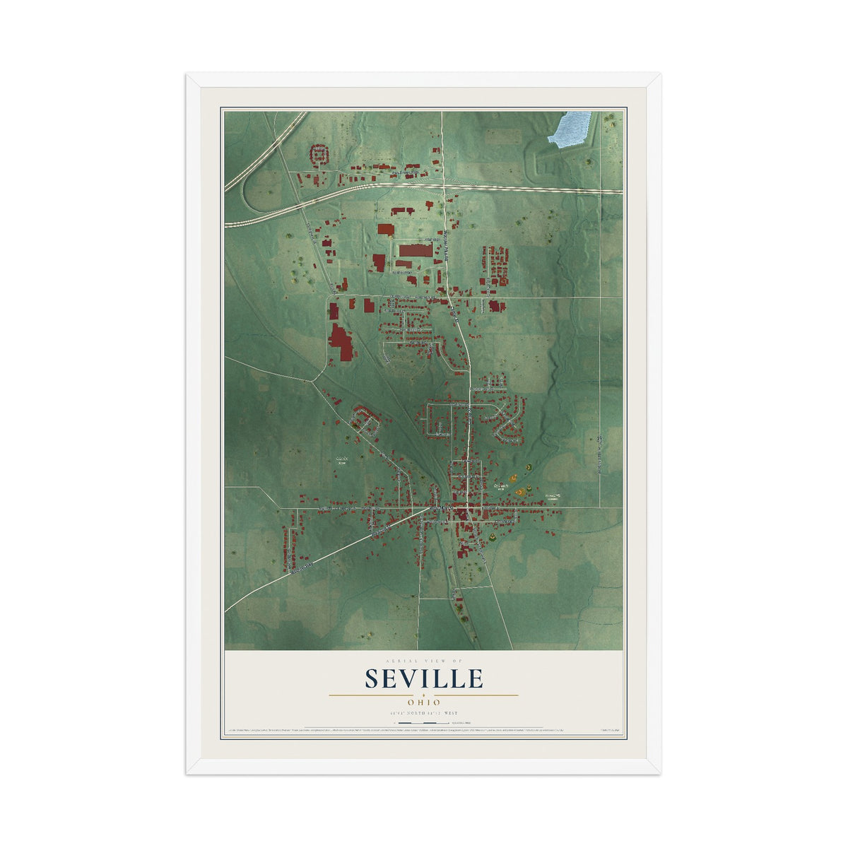 Map of Seville, Ohio, 12 x 18 inch print in a white wood frame