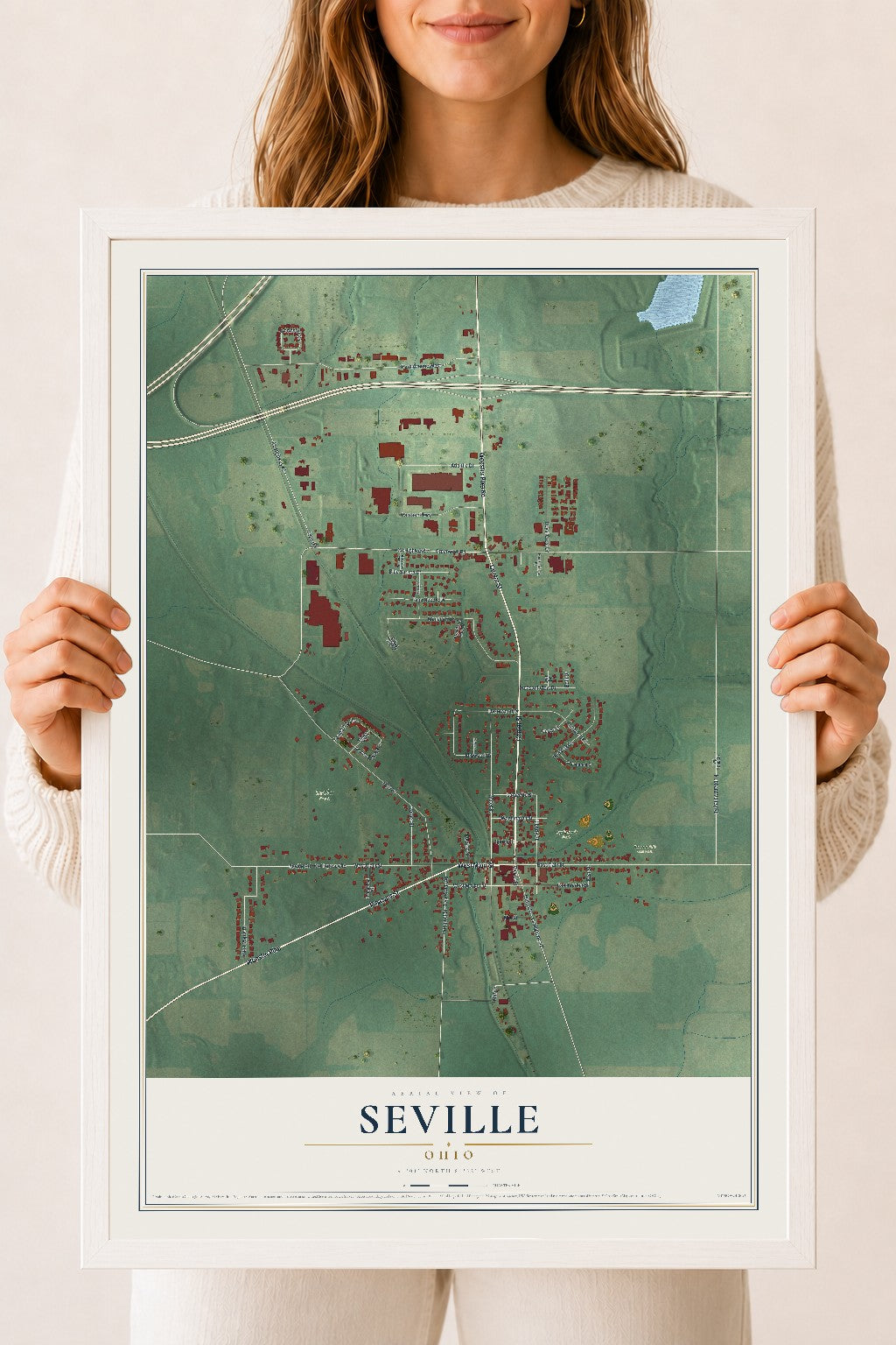 Map of Seville, Ohio, 18 x 24 inch print in a white wood frame