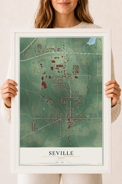 Map of Seville, Ohio, 18 x 24 inch print in a white wood frame