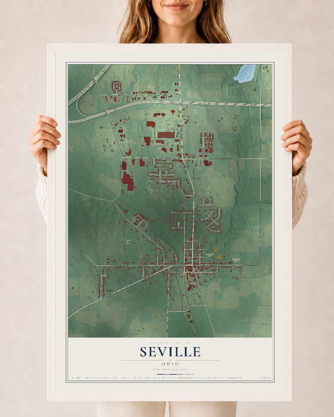 Map of Seville, Ohio, 24 x 36 inch print in a white wood frame