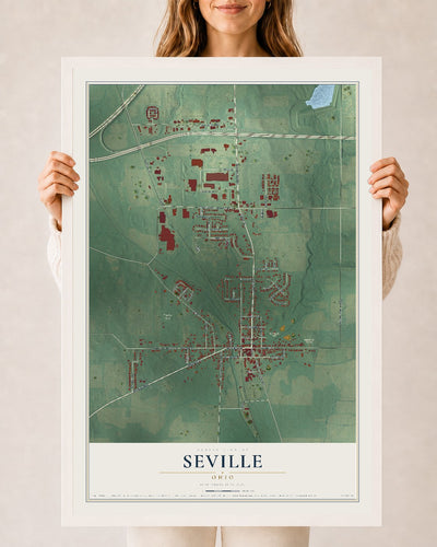 Map of Seville, Ohio, 24 x 36 inch print in a white wood frame