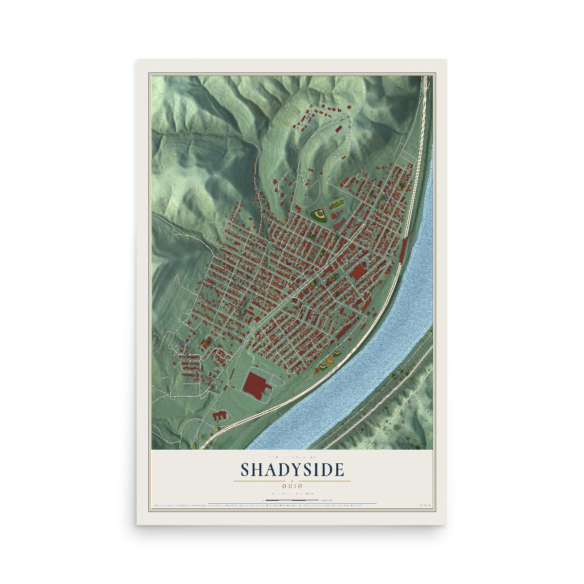 Map of Shadyside, Ohio, 12 x 18 inch unframed archival matte print