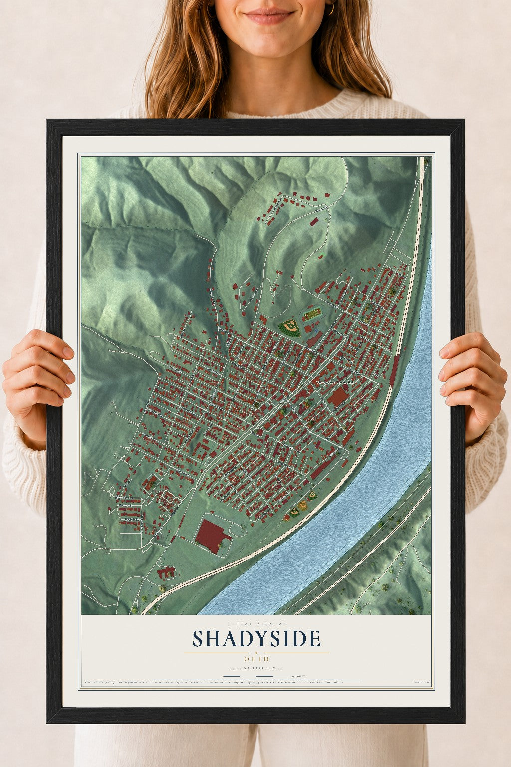 Map of Shadyside, Ohio, 18 x 24 inch print in a black wood frame