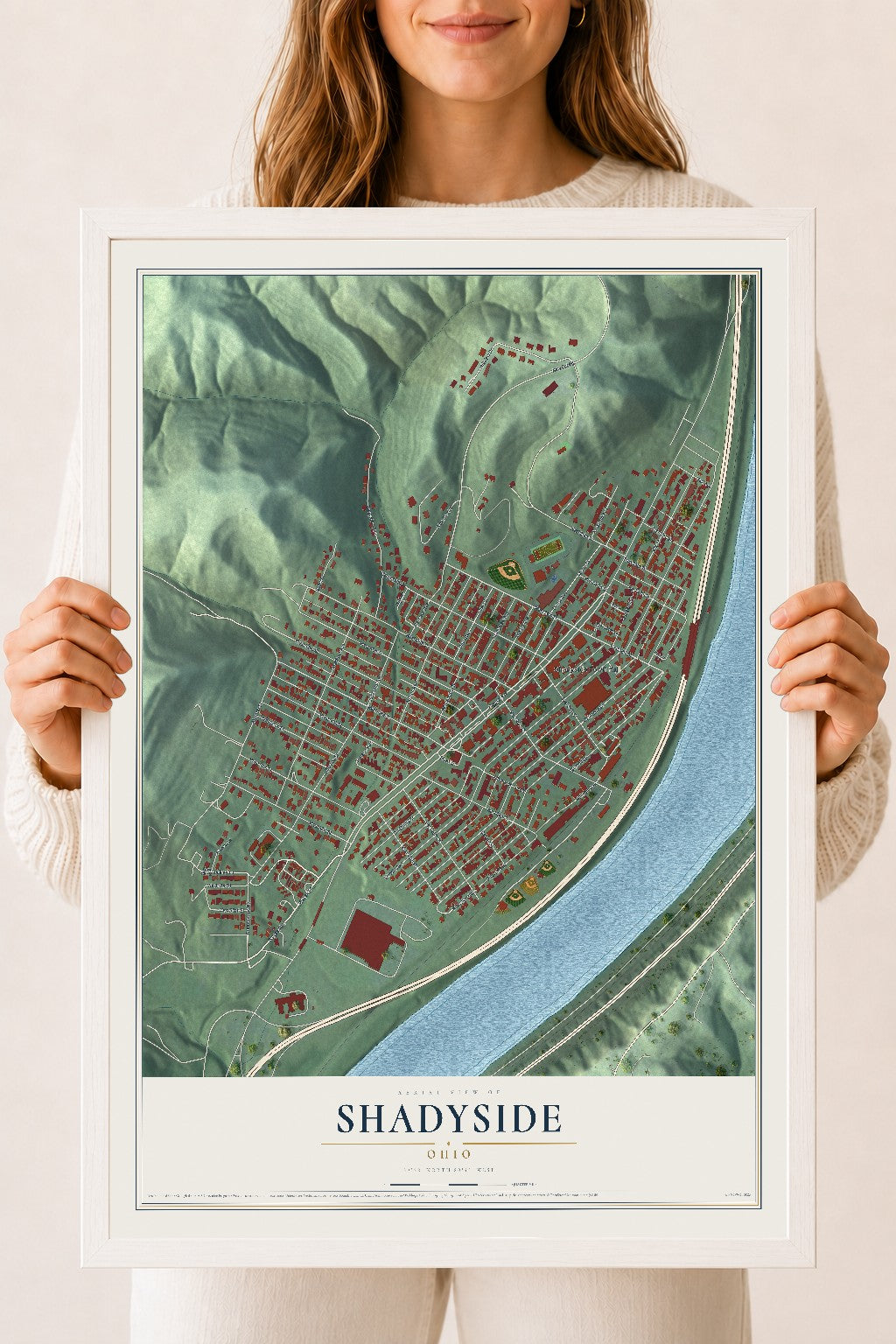 Map of Shadyside, Ohio, 18 x 24 inch print in a white wood frame