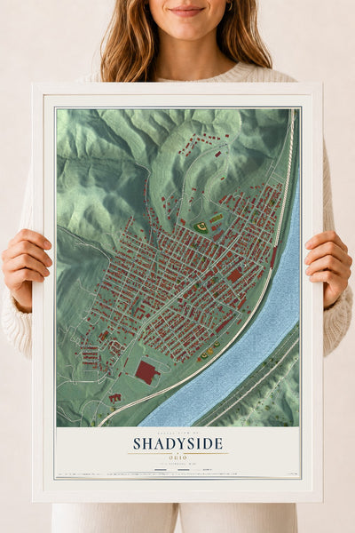 Map of Shadyside, Ohio, 18 x 24 inch print in a white wood frame