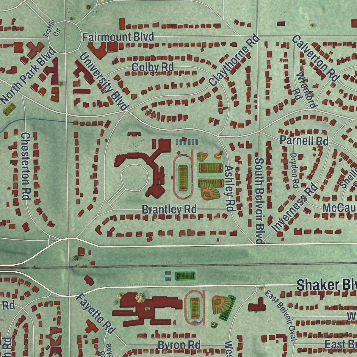 Second close-up of the map of Shaker Heights, Ohio print showing more streets and buildings