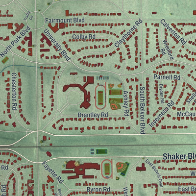 Second close-up of the map of Shaker Heights, Ohio print showing more streets and buildings