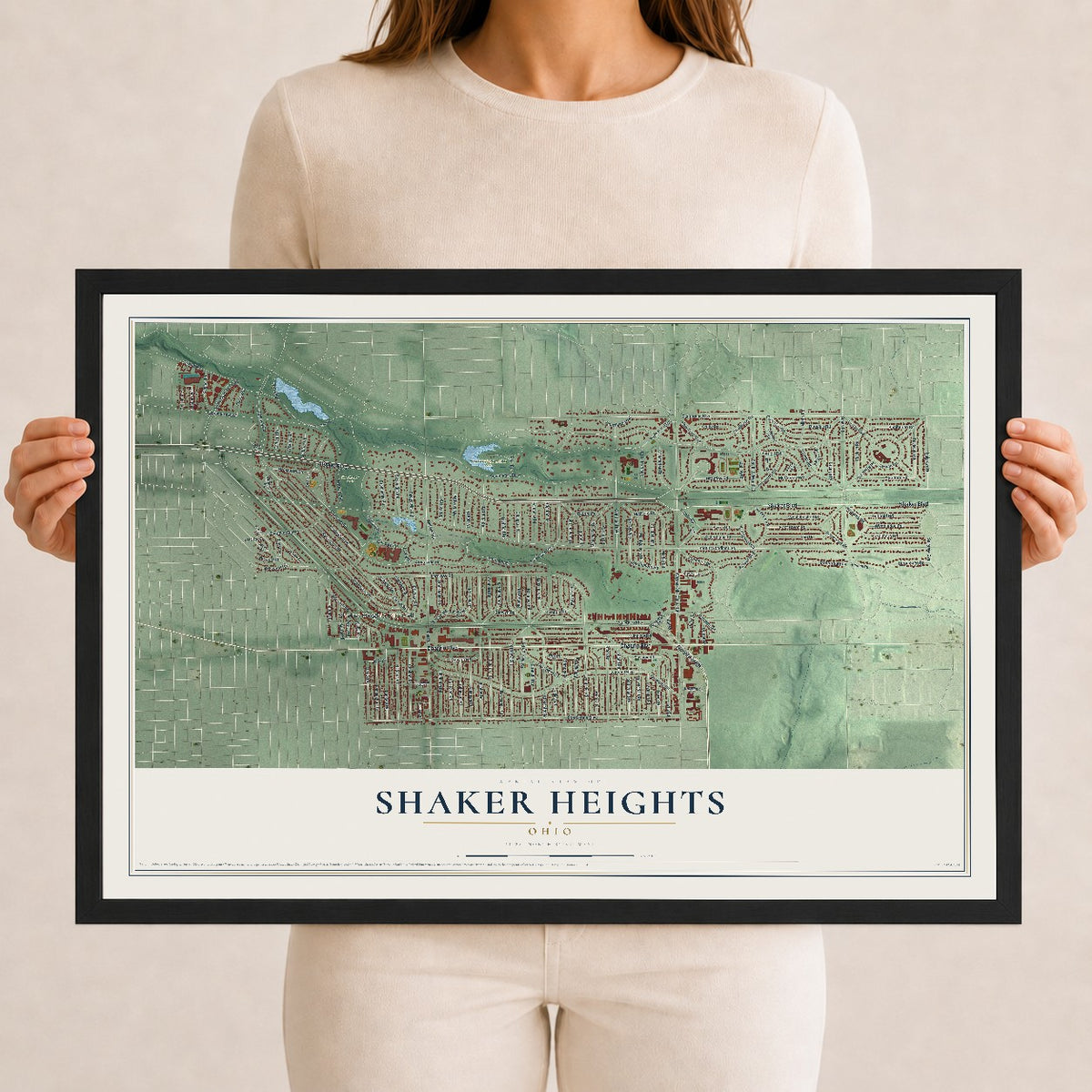 Map of Shaker Heights, Ohio, 12 x 18 inch print in a black wood frame