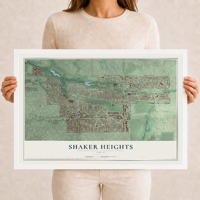Map of Shaker Heights, Ohio, 12 x 18 inch print in a white wood frame