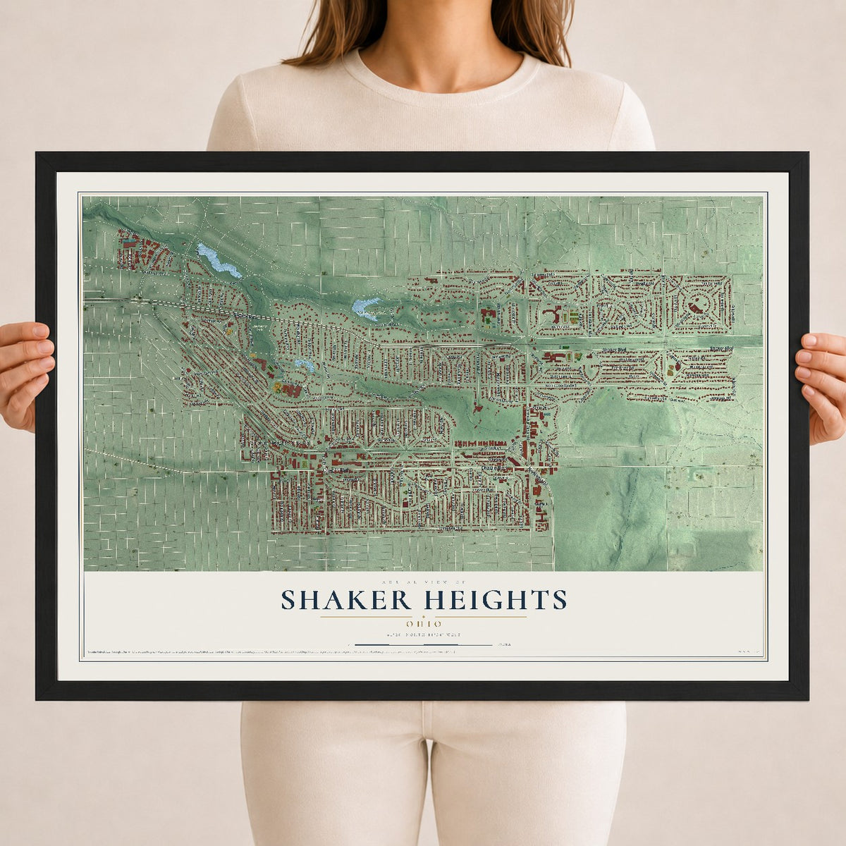 Map of Shaker Heights, Ohio, 18 x 24 inch print in a black wood frame