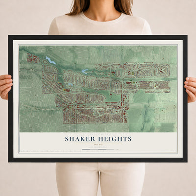 Map of Shaker Heights, Ohio, 18 x 24 inch print in a black wood frame
