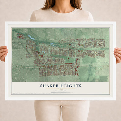 Map of Shaker Heights, Ohio, 18 x 24 inch print in a white wood frame
