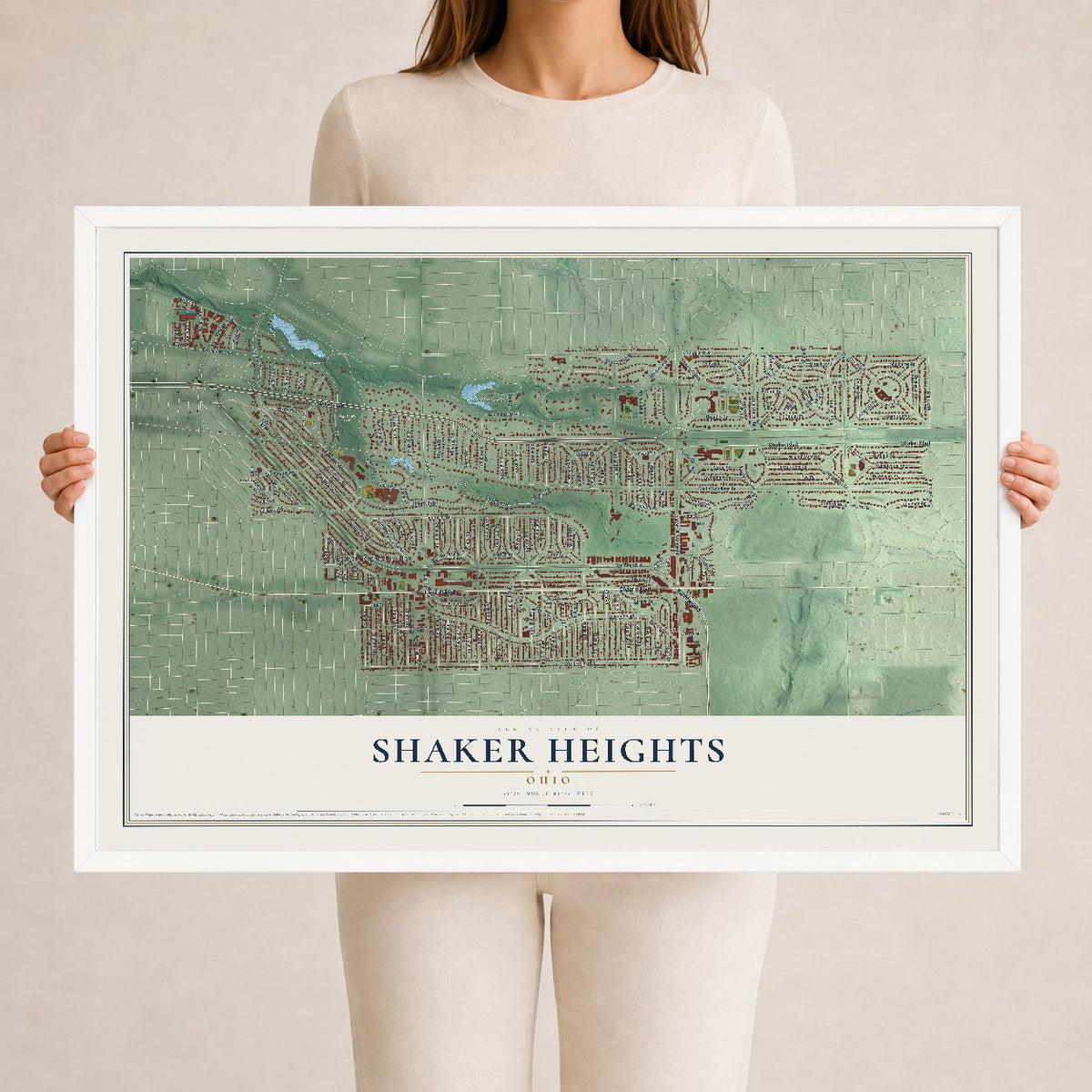 Map of Shaker Heights, Ohio, 24 x 36 inch print in a white wood frame