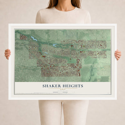 Map of Shaker Heights, Ohio, 24 x 36 inch print in a white wood frame