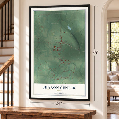 Sharon Center, Ohio map, 24 x 36 inch print in a black frame by a staircase