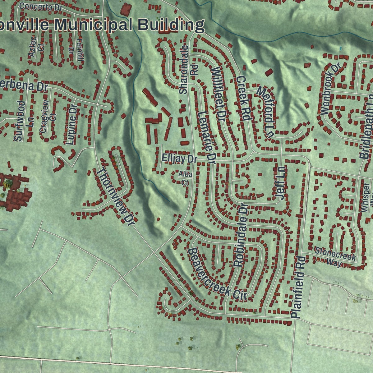 Close-up of the map of Sharonville, Ohio print showing street and building detail