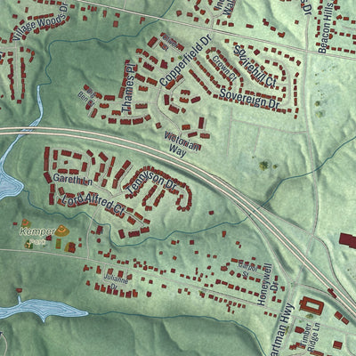 Second close-up of the map of Sharonville, Ohio print showing more streets and buildings